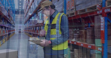 Image of statistical data processing over caucasian male supervisor checking stock at warehouse. Logistics and business technology concept