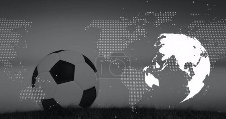 Foto de Imagen de pelota de fútbol sobre el mapa del mundo y el globo. Mundial de fútbol concepto de imagen generada digitalmente. - Imagen libre de derechos