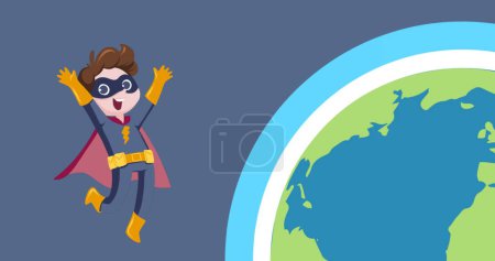 Image of superhero boy with globe icon on blue background. Universal childrens day and celebration concept digitally generated image.