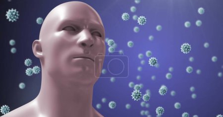 Photo for Image of human bust and covid 19 cells floating over purple background. global covid 19 pandemic concept digitally generated image. - Royalty Free Image