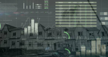 Image of financial data processing over houses. global development, business, finance, digital interface and data processing concept digitally generated image.