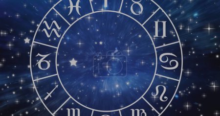 Photo for Composition of aries star sign symbol in spinning zodiac wheel over glowing stars. horoscope and zodiac sign concept digitally generated image. - Royalty Free Image