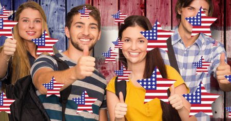 Bild von lächelnden Freunden über Sternen mit amerikanischer Flagge. Patriotismus und Feierkonzept digital generiertes Image.