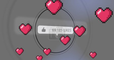 Bild der sozialen Medien rote Herzsymbole und Text auf grauem Hintergrund. Globale soziale Medien, Verbindungen, Kommunikation und digitales Schnittstellenkonzept digital generiertes Bild.