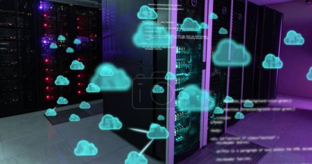 Photo for Image of cloud icons and data processing over computer servers. Global connections, digital interface, data processing and computing concept digitally generated image. - Royalty Free Image