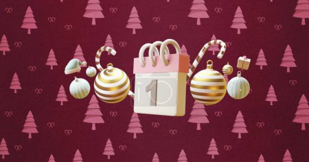 Image du calendrier avec 1 date numérique et décorations de Noël et motif d'arbre. Noël, fête, tradition et concept de célébration image générée numériquement.