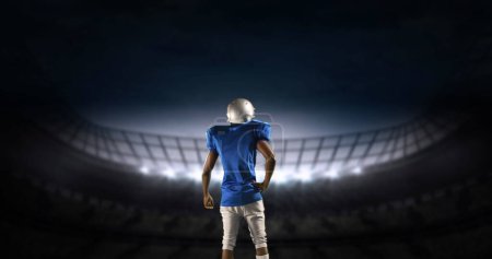 Rückansicht eines American-Football-Athleten, der sich auf die Einfahrt in ein digitales Stadion vorbereitet