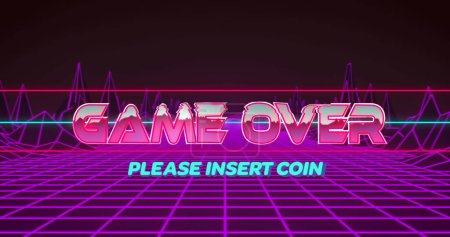 Image of game over text over mountains. Retro future and digital interface concept digitally generated image.