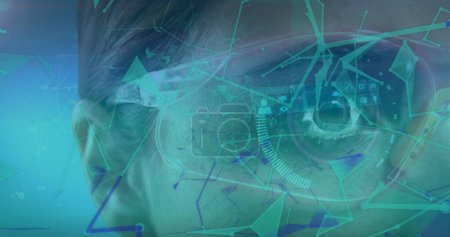 Image of plexus networks over close up of a woman wearing futuristic glasses. Global networking and futuristic business technology concept