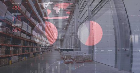 Photo for Image of data processing over empty warehouse. global shipping, delivery and connections concept digitally generated image. - Royalty Free Image