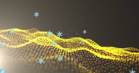 Image of digital snowflakes falling over illuminated golden light waves against black background. Composite, light, decoration, lens flare, christmas, winter, copy space, multiple exposure.