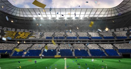 Foto de Imagen de la caída de confeti de oro sobre el estadio de fútbol. Mundial de fútbol concepto de imagen generada digitalmente. - Imagen libre de derechos