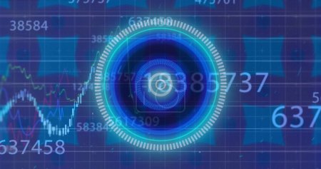Image of illuminated circles over changing numbers, multiple graphs against shapes in background. Digitally generated, hologram, report, business, growth and technology concept.