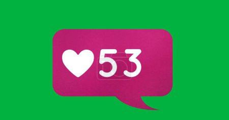 Digital image of a heart icon and numbers increasing inside a pink chat box on a green background 4k