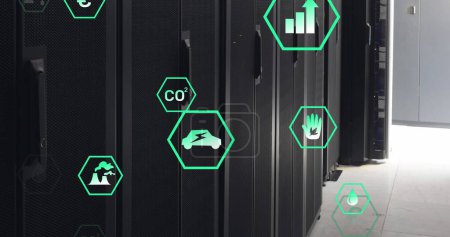 Photo for Image of multiple digital icons floating against computer server room. Computer interface and business data storage technology concept - Royalty Free Image