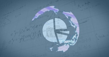 Image of globe, pie chart and math formulas on grey background. Math, geometry, educations, numbers, digital space and technology concept digitally generated image.