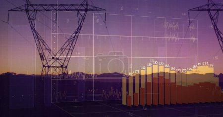 Photo for Image of financial data processing over electricity pylons and landscape. global finance, business and digital interface concept digitally generated image. - Royalty Free Image