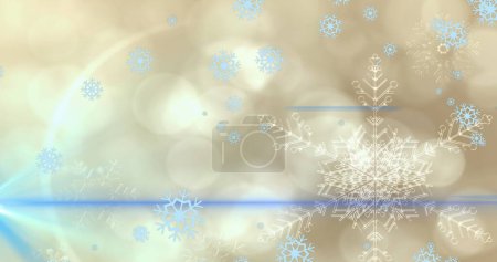Image of light spots over snow falling. Winter, snow and digital interface concept digitally generated image.