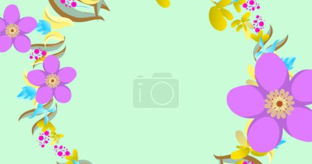 Foto de Un patrón floral con flores de color púrpura y amarillo sobre un fondo azul. El diseño se utiliza para tela, papel pintado u otros fines decorativos.. - Imagen libre de derechos