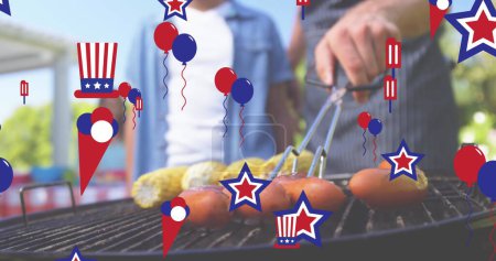 Téléchargez les photos : Image de décorations colorées drapeau américain, flottant au-dessus du barbecue familial. patriotisme, indépendance et concept de célébration image générée numériquement. - en image libre de droit