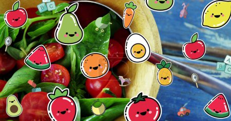 Foto de Cartoon fruits and vegetables on salad background - Imagen libre de derechos