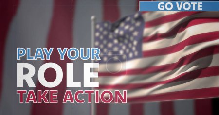 Bild der Präsidentschaftswahl Text über Person schwenkt Flagge der USA. Wahlen, Demokratie, amerikanischer Patriotismus und Wahlkonzept digital generiertes Image.