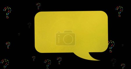 Image of speech bubble over question marks on black background. Global education and digital interface concept digitally generated image.