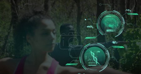 Image of data processing over diverse man and woman exercising. Global sports, science, computing, digital interface and data processing concept digitally generated image.