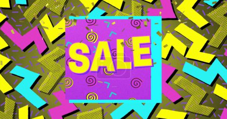 Photo for Image of the word Sale in yellow letters with a purple square and brightly coloured shapes on a green background - Royalty Free Image
