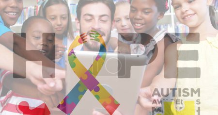 Photo for Image of autism awareness month text over diverse schoolchildren and teacher using tablet. autism awareness month and celebration concept digitally generated image. - Royalty Free Image