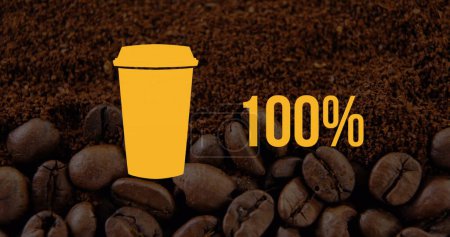 Une icône de tasse de café jaune repose sur un lit de grains de café. Le gras 100 % suggère un accent sur le café pur ou un accent marketing sur la force.