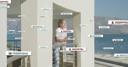 Photo for Image of social media icons on banners over caucasian man drinking coffee on balcony by seaside. social media, digital interface and connections concept digitally generated image. - Royalty Free Image