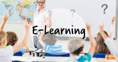 Photo for E-learning text banner and question mark icons floating against female teacher teaching students. school and education concept - Royalty Free Image