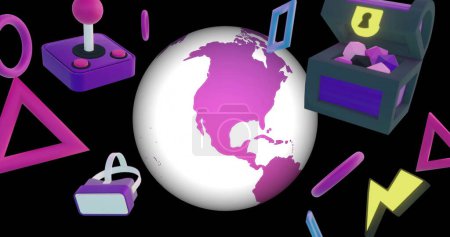 Bild von Gaming-Symbolen und Globus auf schwarzem Hintergrund. Abstrakter Hintergrund, Technik, Retro und Gaming, digital erzeugtes Bild.