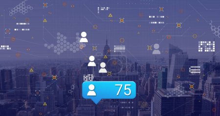 Photo for Image of social media icons and data processing over cityscape. Global social media, technology and digital interface concept digitally generated image. - Royalty Free Image