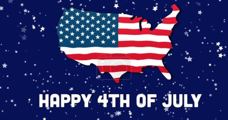 Téléchargez les photos : Image de texte heureux du 4 juillet avec carte des Etats-Unis sur des étoiles sur fond bleu. Jour de l'indépendance, patriotisme et concept de célébration image générée numériquement. - en image libre de droit