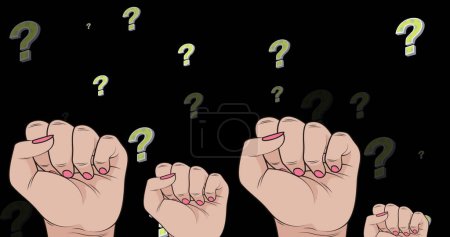 Image of question marks over raising fists on black background. Global education and digital interface concept digitally generated image.