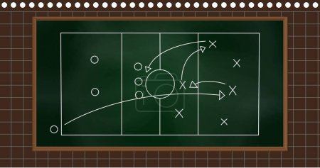 Photo for Image of football game strategy drawn on green chalkboard against square lined brown background. Sports tournament and competition concept - Royalty Free Image