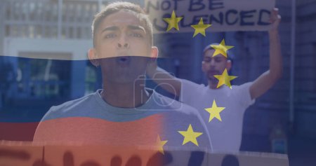 Téléchargez les photos : Image du drapeau de la Russie et de l'union européenne sur le manifestant masculin biracial. ukraine crise et politique internationale concept image générée numériquement. - en image libre de droit