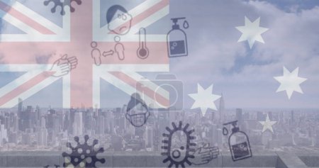 Téléchargez les photos : Image des icônes du virus de la couronne et du drapeau australien sur le paysage urbain. santé mondiale, la médecine et l'économie concept pendant coronavirus covide 19 pandémie image générée numériquement. - en image libre de droit