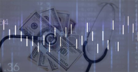 Image of financial data processing over dollars and stethoscope on white background. global finance, business and digital interface concept digitally generated image.