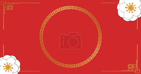 Téléchargez les photos : Image de motif chinois et décoration de fleurs sur fond rouge. Nouvel an chinois, fête, célébration et concept de tradition image générée numériquement. - en image libre de droit