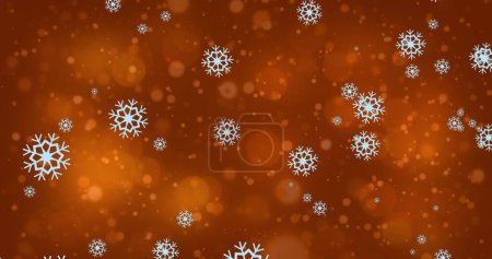 Photo for Image of digital snowflakes diagonally falling over brown bokeh background. Multiple exposure, composite, light, lens flare, shape, pattern, christmas, winter, shape. - Royalty Free Image