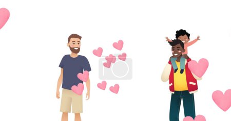 Téléchargez les photos : Image d'un couple gay diversifié avec fils sur fond blanc avec des cœurs. Concept de famille et d'adoption image générée numériquement. - en image libre de droit