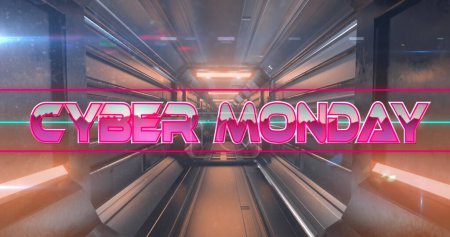 Photo for Image of cyber monday text between lines over futuristic tunnel in background. Digitally generated, hologram, illustration, discount, sale, advertisement, marketing and technology concept. - Royalty Free Image