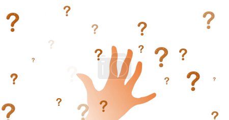 Image of question marks over hand on white background. Global education and digital interface concept digitally generated image.