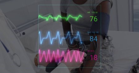 Photo for Image of colourful cardiographs over happy diverse patient and doctor taking pressure. Medicine, health and digital interface concept, digitally generated image. - Royalty Free Image