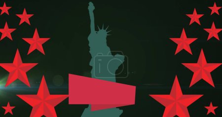Photo for Image of red stars and statue of liberty silhouette on black background. American patriotism, freedom, independence and symbols concept digitally generated image. - Royalty Free Image