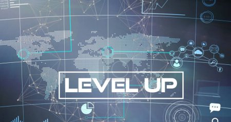 Photo for Image of level up text over network of connections and world map. global social media, computing and digital interface concept digitally generated image. - Royalty Free Image