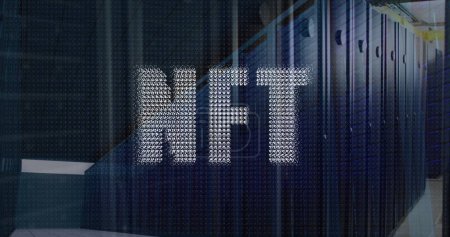 Image of nft text, financial data processing over computer servers. Global cryptocurrency, business, finances, computing and data processing concept digitally generated image.